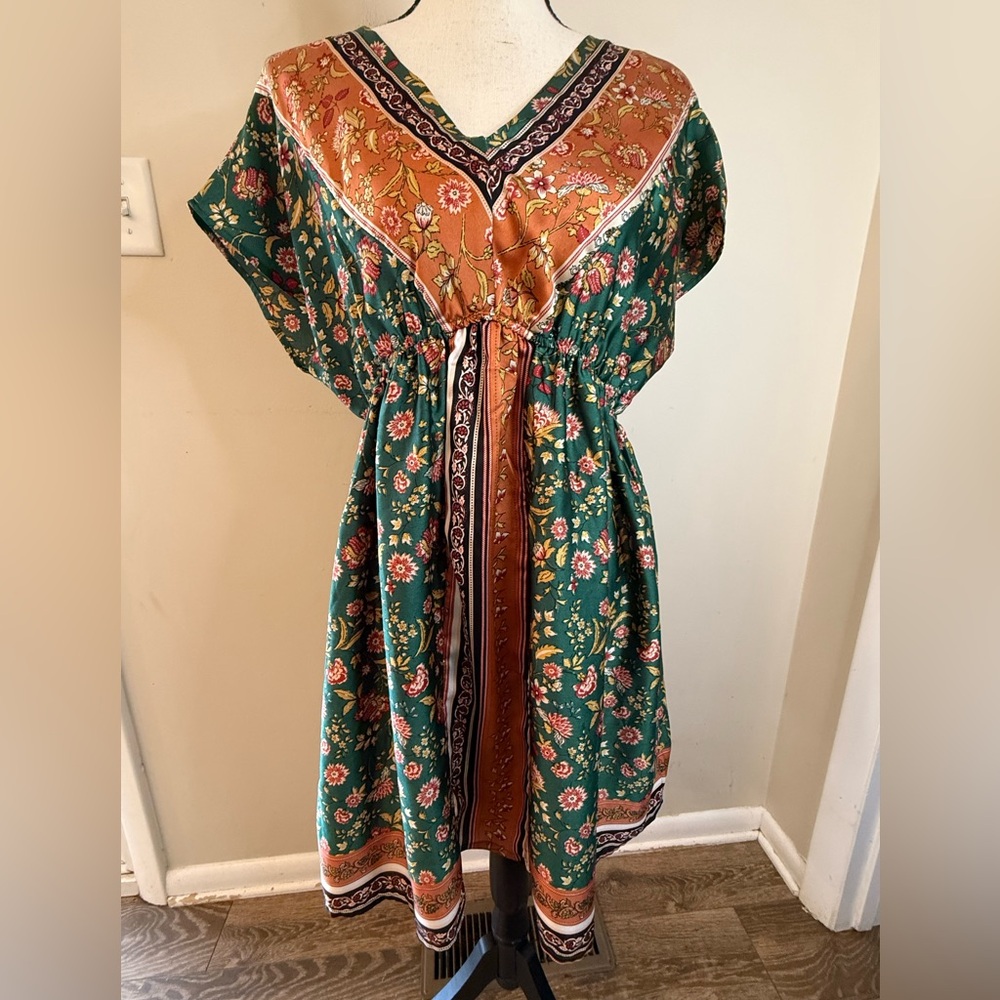 Hayden Los Angeles boho floral lightweight mini dress green tan SZ M